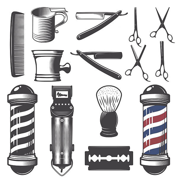 Set of vintage barber shop elements. Set of vintage barber shop elements isolated on a white background. safety razor stock illustrations