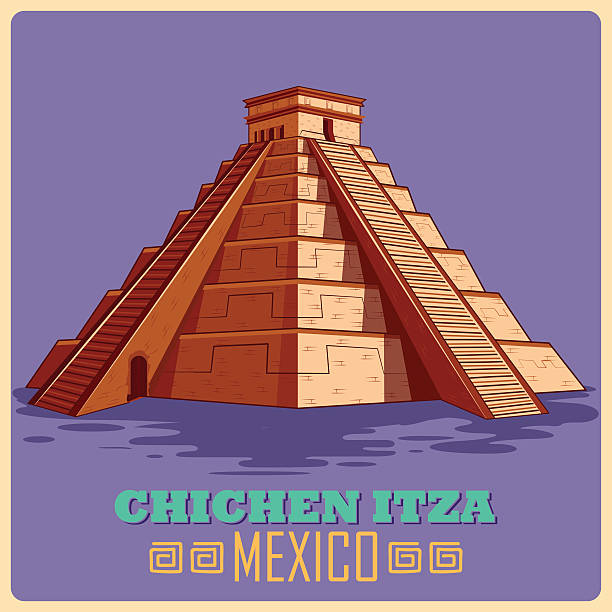 Vintage poster of Chichen Itza in Mayan famous monument in Vintage poster of Chichen Itza in Mayan, famous monument of Mexico. Vector illustration chichen itza stock illustrations