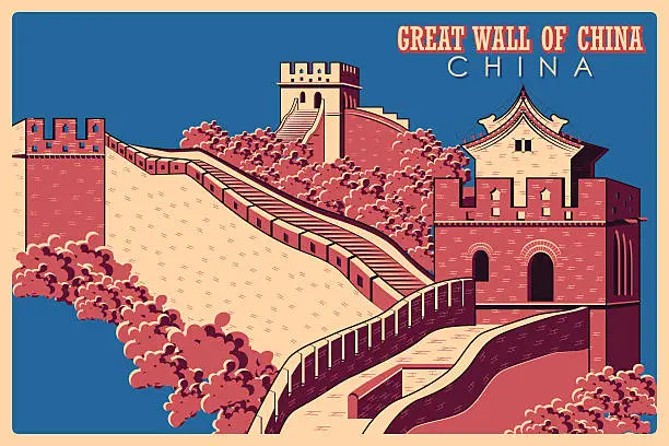 Vector illustration of Vintage poster of Great Wall in China