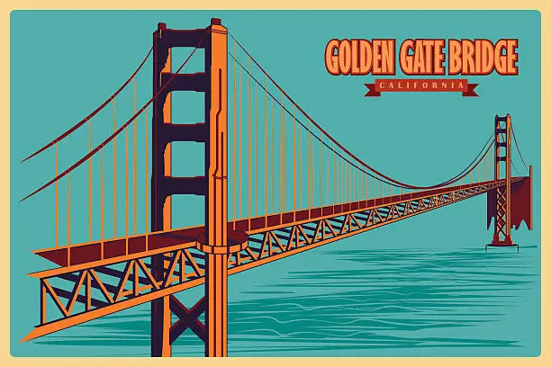 Vector illustration of Vintage poster of Golden Gate Bridge in California famous monument