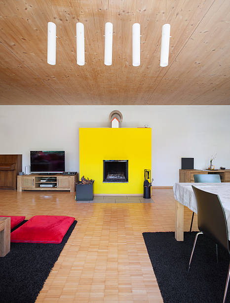 istock Interior, living room with yellow fireplace 584239176