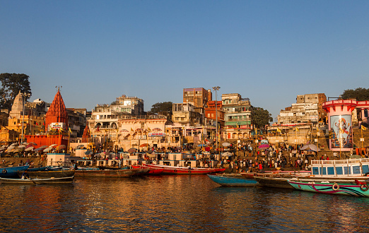 Ghat on Holy river Ganges, Varanasi, India.