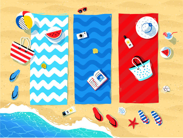 Beach mats and seaside accessories Summer vector illustration of beach mats and seaside accessories on sand background and sea surf. beach mat stock illustrations