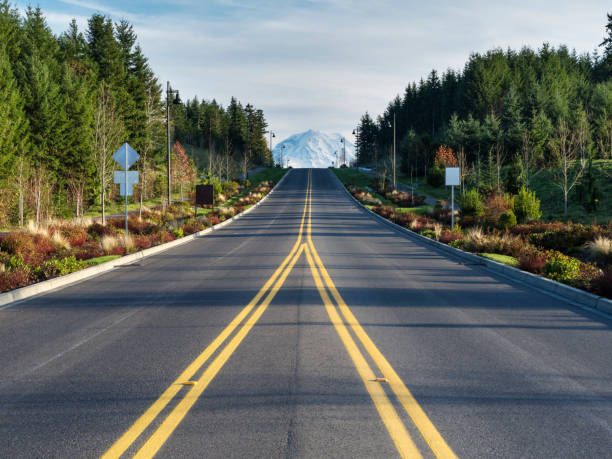 empty road to the Mountain Rainier, Seattle, WA, US.