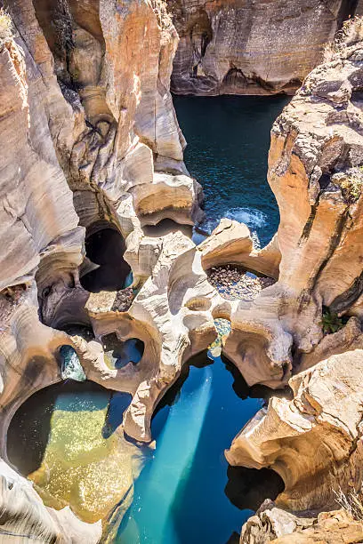 Close view of Bourkes Luck Potholes canyon, Mpumalanga. Portrait exterior.