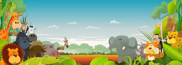 przyroda zwierzęta afrykańskie tło - cartoon monkey animal tree stock illustrations