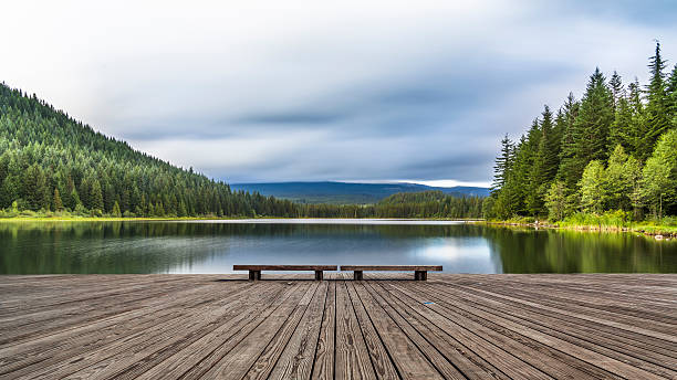 amanecer sobre el monte hood en el lago trillium - spring forest scenics reflection fotografías e imágenes de stock