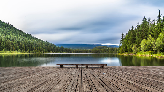 sunrise over Mt Hood at Trillium Lake, Portland, OR, US.