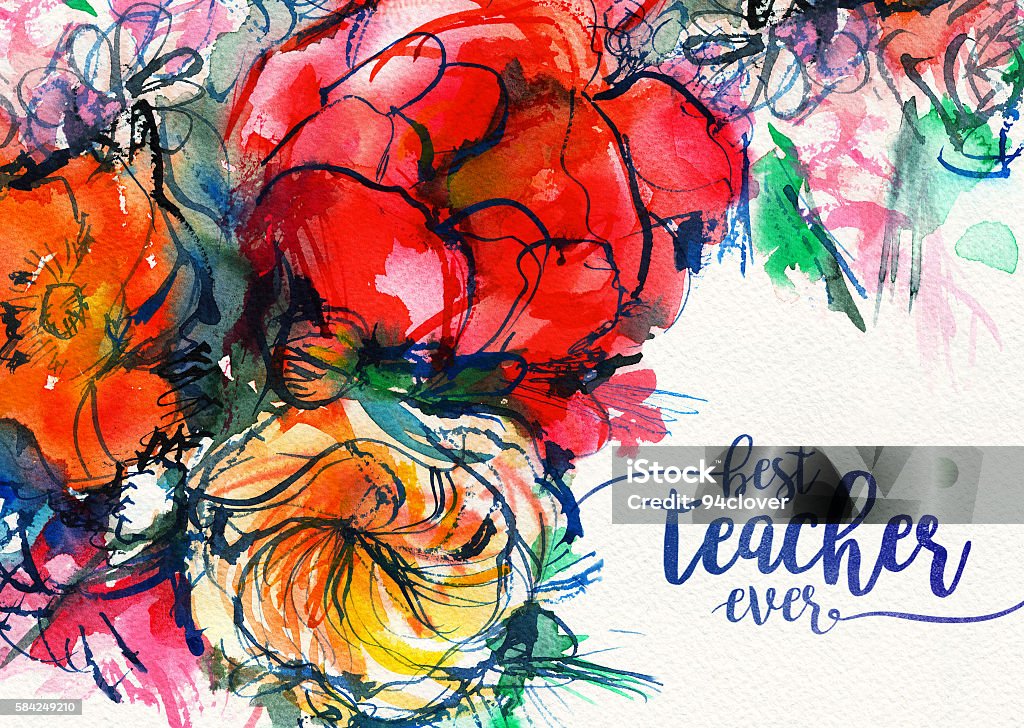 card best teacher ever with a bouquet of flowers, watercolor card best teacher ever with a bouquet of flowers, watercolor. banner, poster Poppy - Plant stock illustration