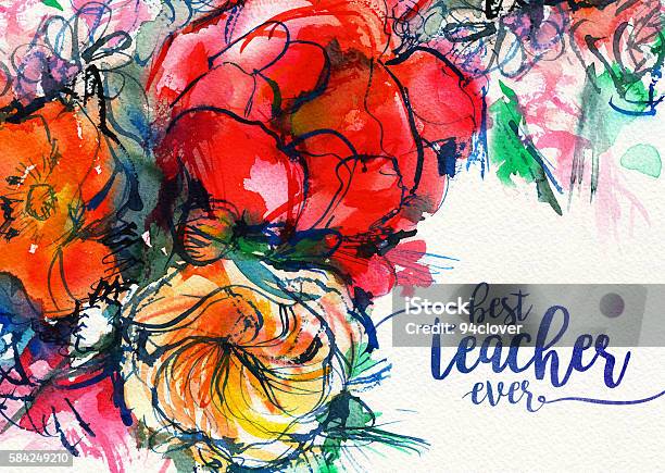 Card Best Teacher Ever With A Bouquet Of Flowers Watercolor Stock Illustration - Download Image Now