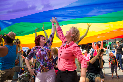 Amsterdam, the Netherlands - July 23, 2016: public at the Vondelpark open air theater having fun under a rainbow flag during the Gay EuroPride - Pink Saturday celebrations