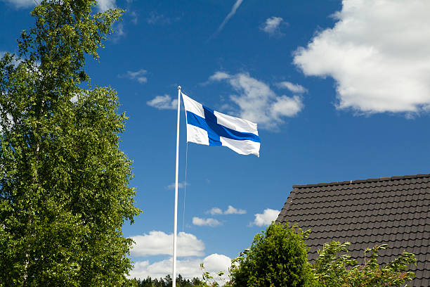 istock Flag of Finland on sky background. 584466464