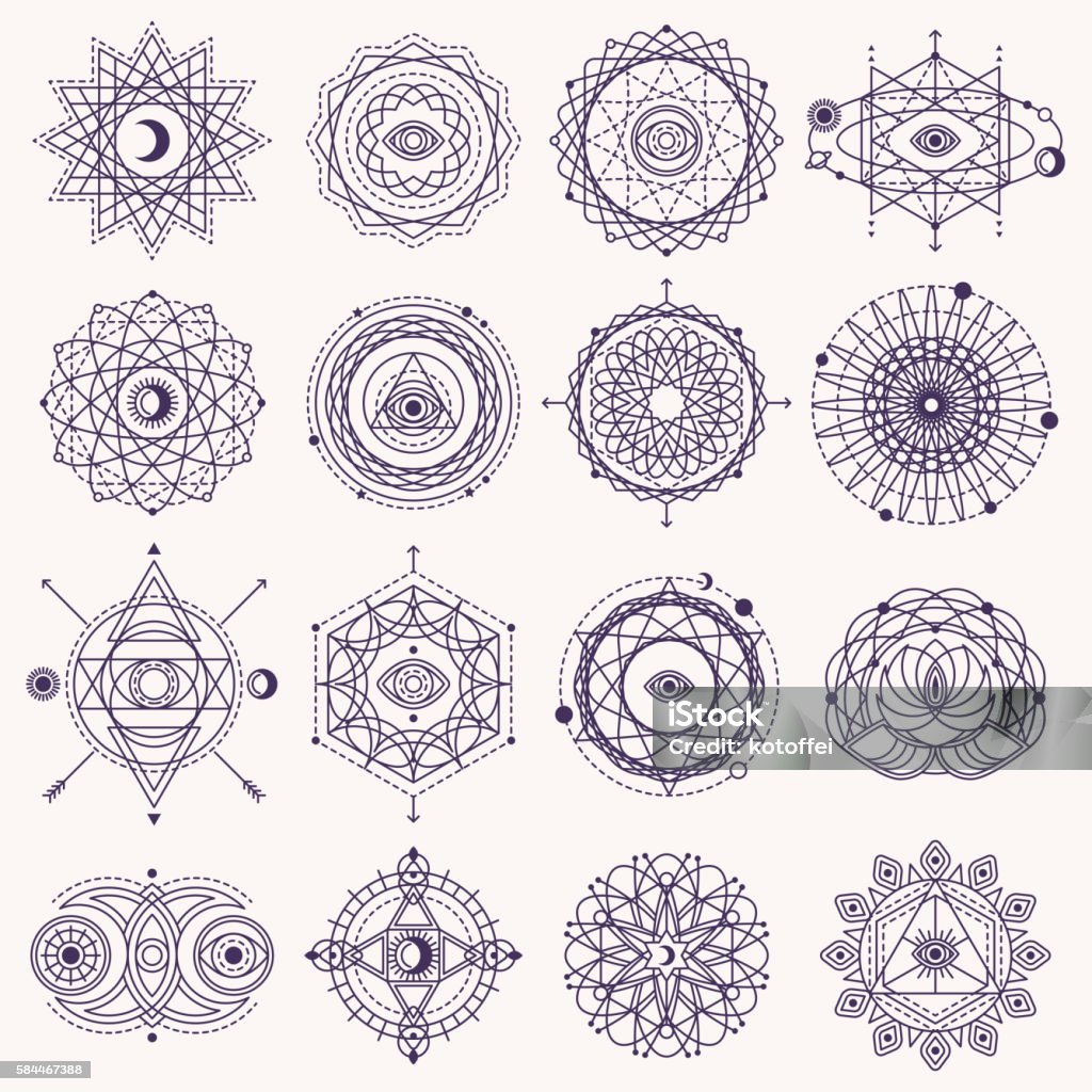 Set of Sacred Geometry Signs Set of Sacred Geometry Forms with Eye, Moon and Sun Isolated on White. Vector illustration. Geometric Logo Design, Spirograph Lines. Alchemy Symbol, Occult and Mystic Sign. Mandala stock vector