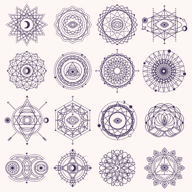 Set of Sacred Geometry Signs Set of Sacred Geometry Forms with Eye, Moon and Sun Isolated on White. Vector illustration. Geometric Logo Design, Spirograph Lines. Alchemy Symbol, Occult and Mystic Sign. magic eye pattern stock illustrations