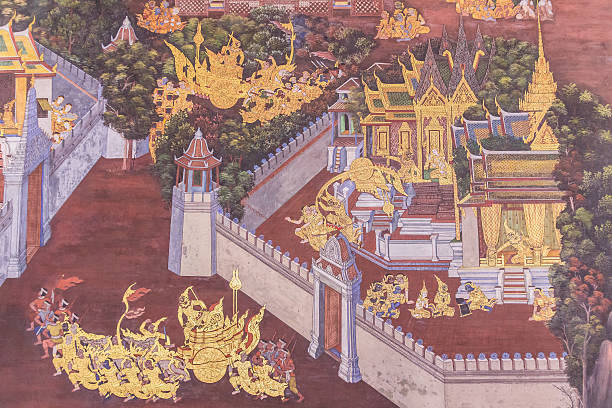 bangkok, tailândia - 5 de junho de 2016 : pintura de ramayana - temple wat phra kaeo mural wall - fotografias e filmes do acervo