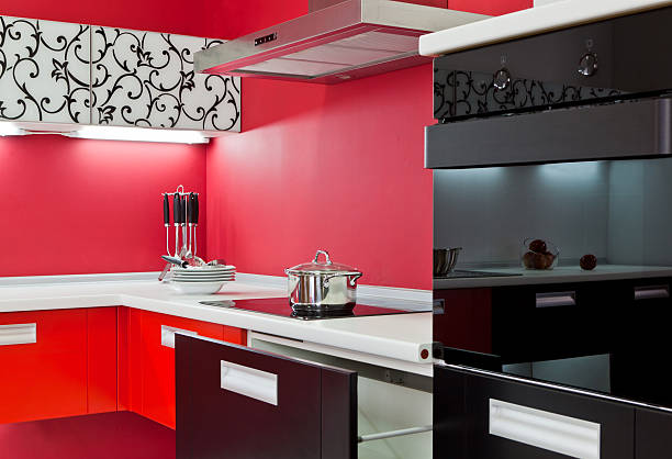 Luxurious new red kitchen with modern appliancesLuxurious new red kitchen with modern appliances
