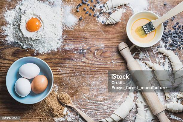 Baking Ingredients For Cooking Croissants Over Wooden Background Copy Space Stock Photo - Download Image Now