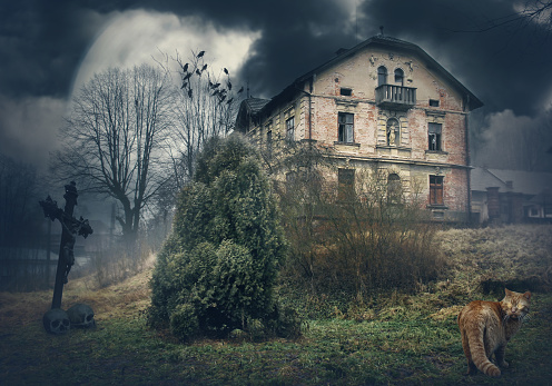 Dark mysterious Halloween landscape with old house