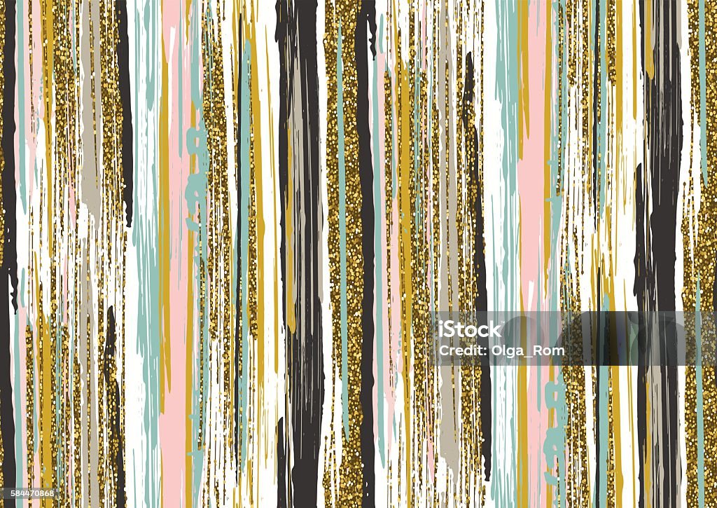 seamless pattern with gold glitter textured brush strokes and stripes Vector seamless pattern with hand drawn gold glitter textured brush strokes and stripes hand painted. Black, gold, pink, green, white colors. Pattern stock vector