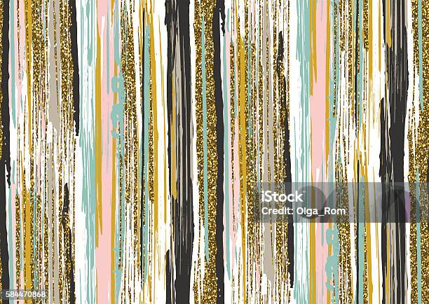 Seamless Pattern With Gold Glitter Textured Brush Strokes And Stripes Stock Illustration - Download Image Now