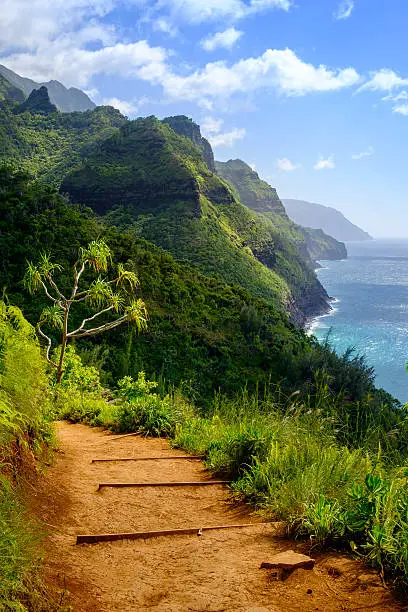 Landscape view of Na Pali coastline and Kalalau trail, Kauai, Hawaii, USA