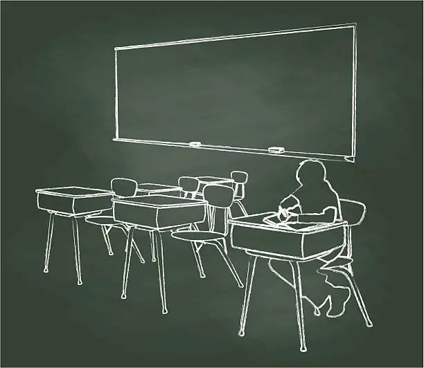 Vector illustration of Chalkboard Student Alone In Classroom