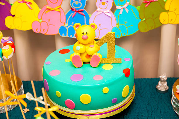 1st year kids birthday cake with sweet bear on the top and number one sign