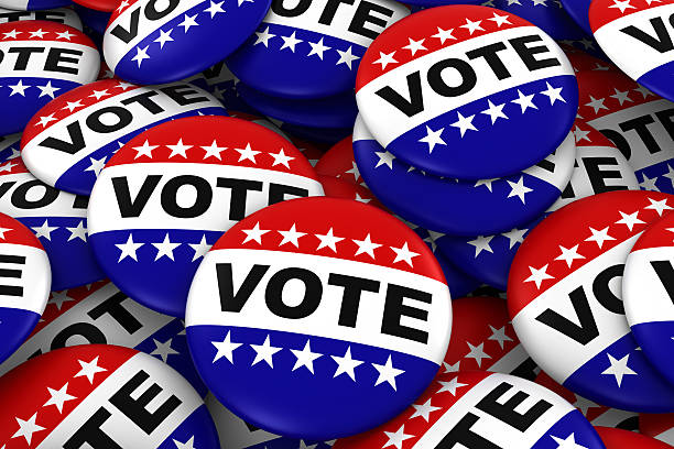 Vote Badges Background - Pile of Political Campaign Buttons Vote Badges Background - Pile of Red White and Blue Political Campaign Buttons 3D Illustration button sewing item stock pictures, royalty-free photos & images