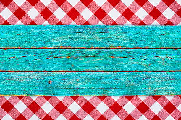 istock Blue Rustic Wood on Red White Checked Picnic Napkin 584477090
