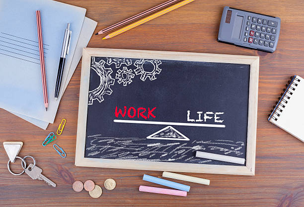 istock Work Life Balance. Chalkboard on wooden office desk 584477870