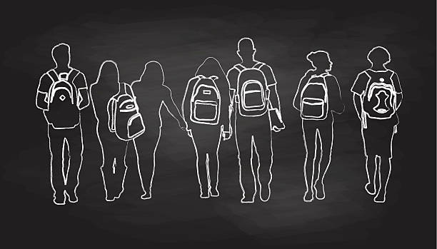 Chalkboard Friends Walk A chalk outline vector silhouette illustration of a group of seven high school students walking together in a row wearing backpacks including young men and young women. teenager back to school group of people student stock illustrations