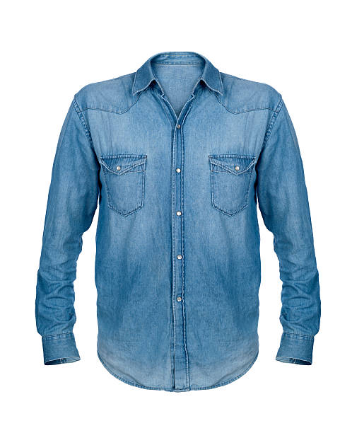 camicia jeans blu isolato su sfondo bianco - denim jacket foto e immagini stock