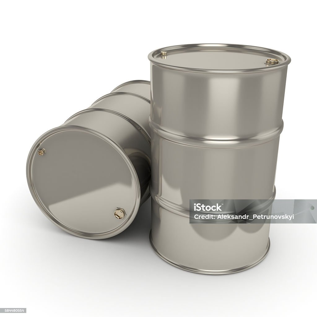 3D rendering Many chrome barrels 3D rendering Shiny chrome barrels on a white background Aluminum Stock Photo