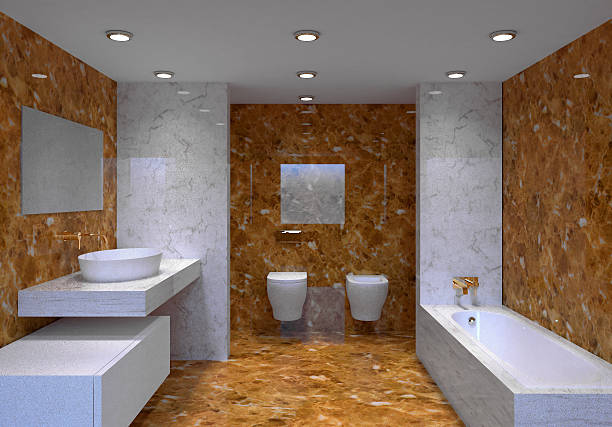 istock 3D-rendering modern bathroom in a big house 584481224