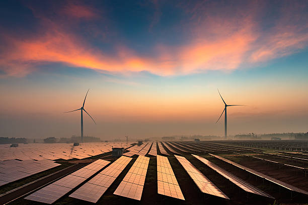 Solar power plant Solar power plants in the dusk of the evening renewable energy stock pictures, royalty-free photos & images