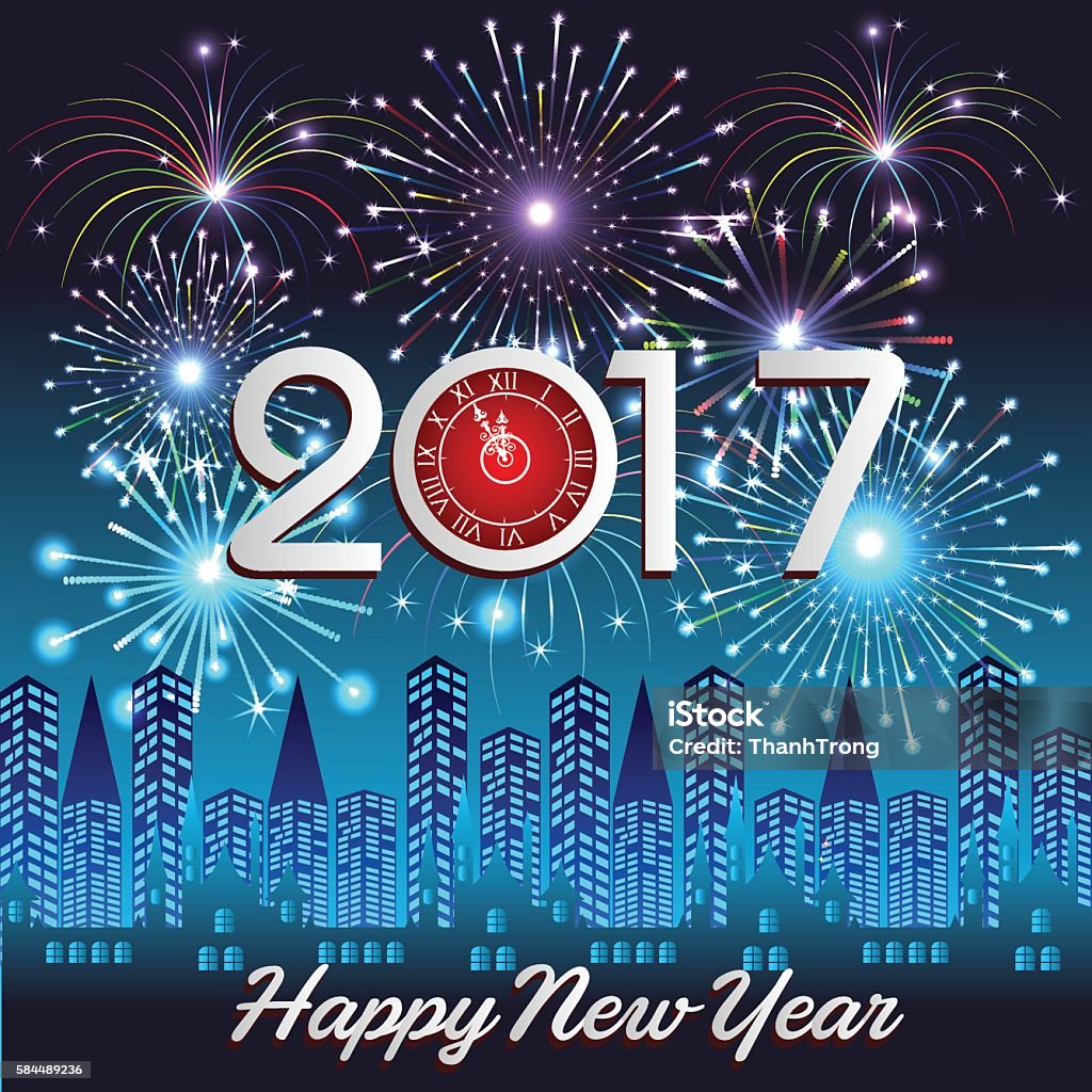 Happy New Year 2017 with o'clock on fireworks display background 2017 stock vector