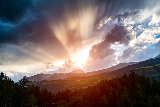 Large view on the spectacular sunset in mountains