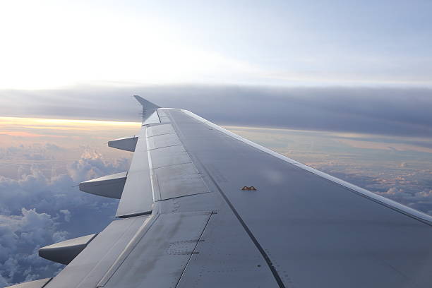istock wing of airplane on sunset sky 584494180