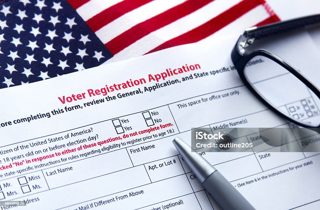 Voter Registration Application Voter registration application with flag of United States of America Voter Registration Stock Photo