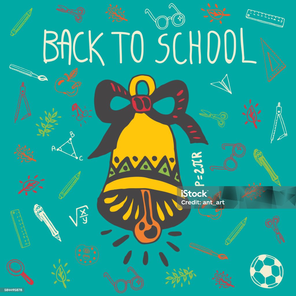 Back to school hand drawn doodle card with school bell Back to school hand drawn doodle card with school bell and other school facilities. The school bell on blue background Alarm Clock stock vector