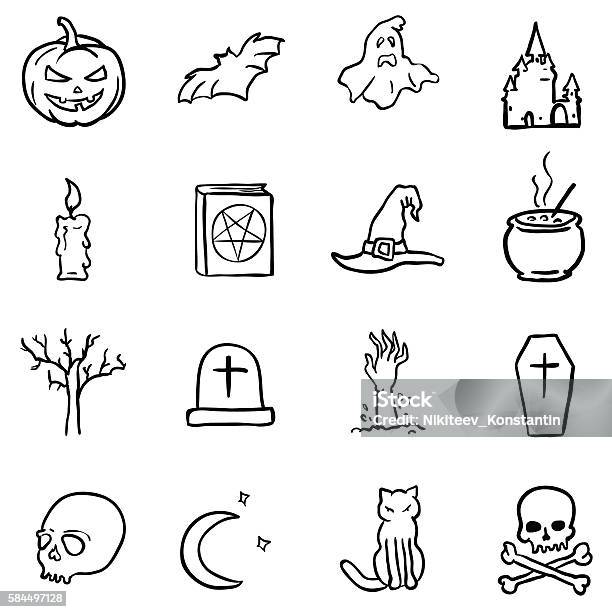Vector Black Doodle Halloween Icons Stock Illustration - Download Image Now - Animal, Candle, Cemetery