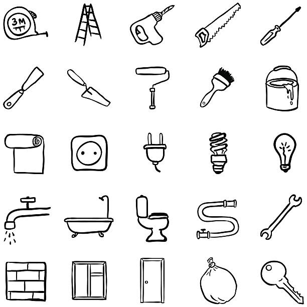ilustrações, clipart, desenhos animados e ícones de conjunto vetorial de reparo de casa de doodle preto - platen