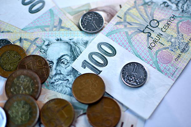 close up czech koruna currency, czech republic - czech culture currency wealth coin fotografías e imágenes de stock