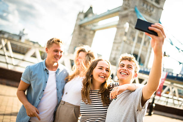istock friends take a selfie in london - Tower bridge 584498470