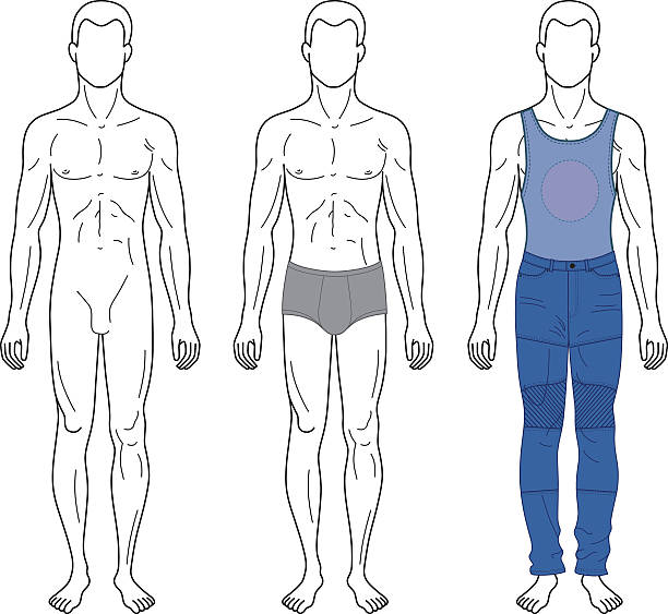 moda mężczyzna przedstawiono wzór na całej długości, rysunek sylwetka - men swimwear full length fashion model stock illustrations