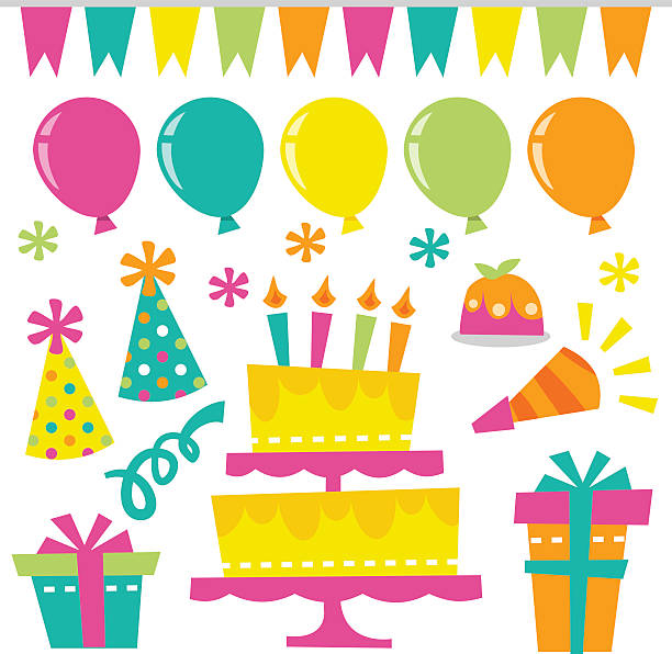 ilustraciones, imágenes clip art, dibujos animados e iconos de stock de retro cumpleaños extravagancia elementos de diseño - birthday favors