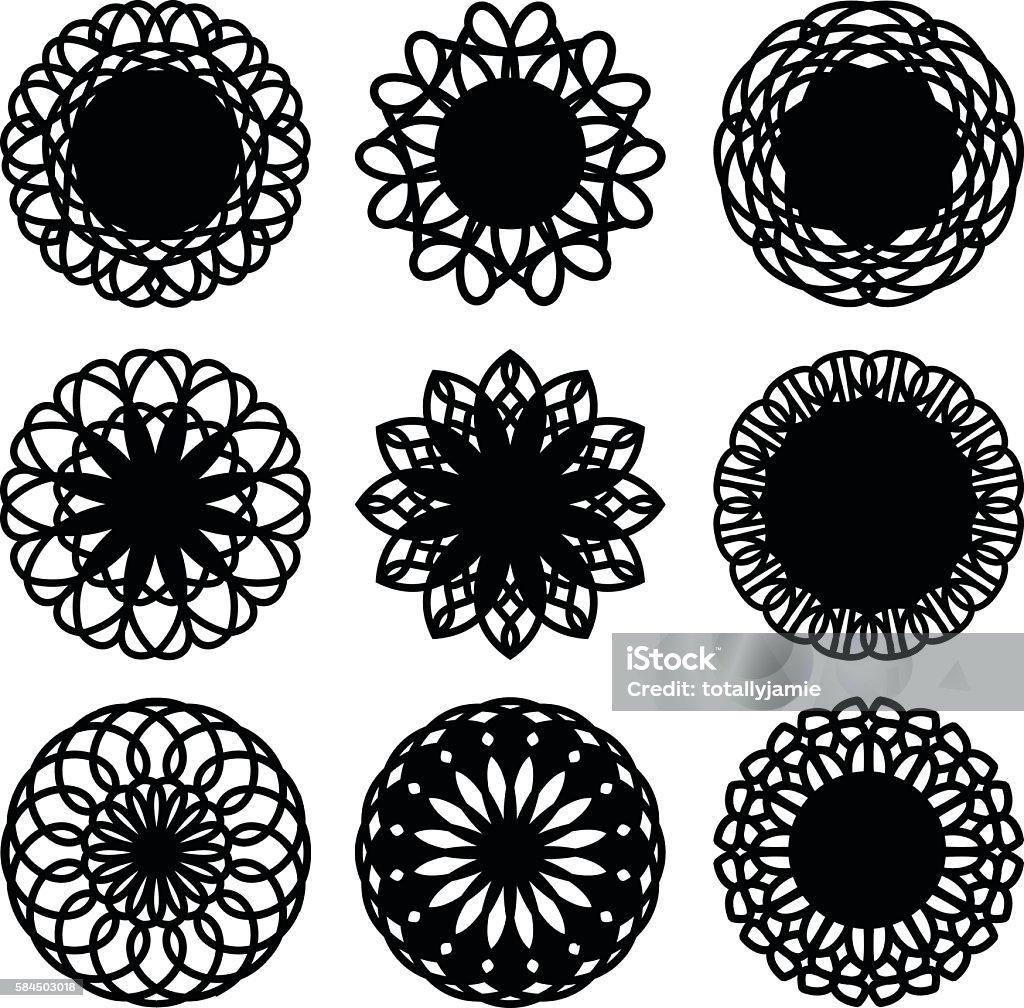 Doily Lace Circle A vector illustration set of nine intricate doily lace circle decoration. Backgrounds stock vector