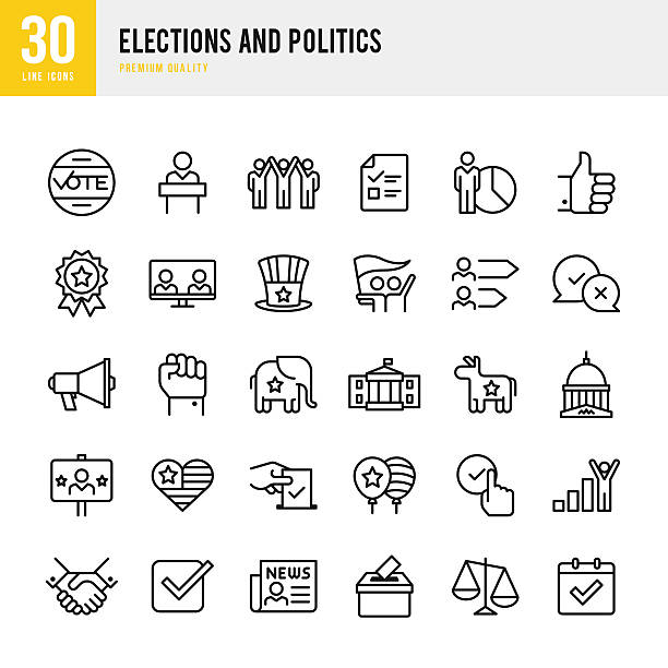 illustrazioni stock, clip art, cartoni animati e icone di tendenza di elezioni e politica - set di icone a linea sottile - election voting symbol politics