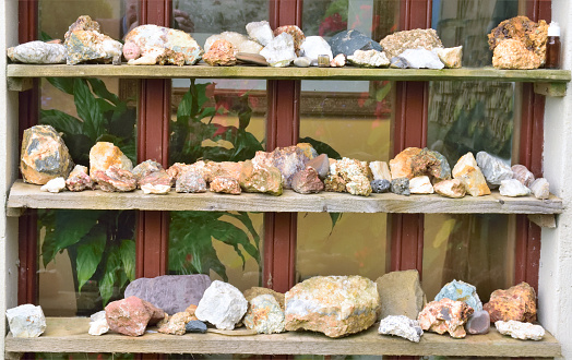 Geological specimens of rocks and minerals.