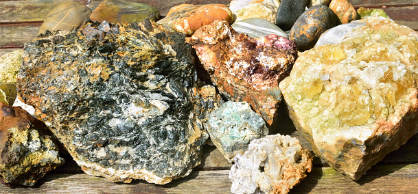 Geological specimens of rocks and minerals.